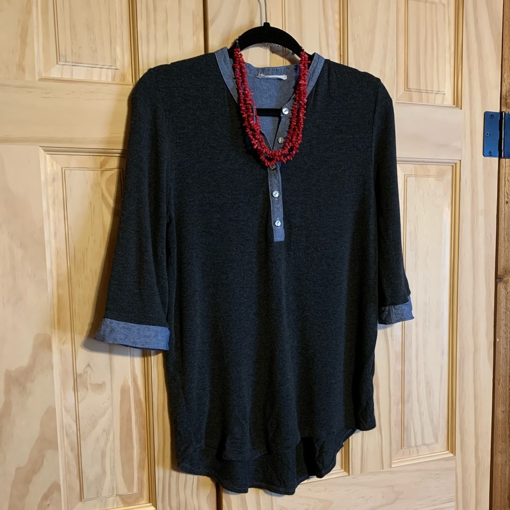 Hug brand charcoal gray knit shirt with denim trim